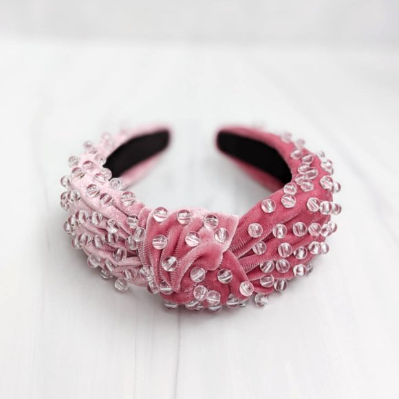 Mauve Pink Beaded Knotted Velvet Headband Crystal Clear Acrylic Beads Handmade
